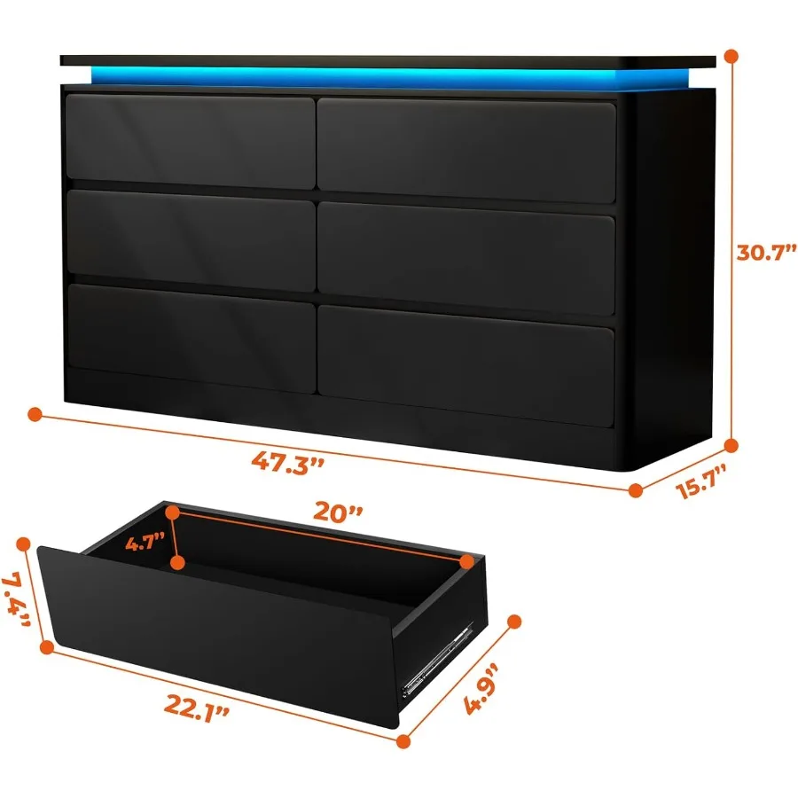 خزانة سوداء ذات 6 أدراج لغرفة النوم، خزانة ذات أدراج حديثة بطول 47.2 بوصة مع محطة شحن مدمجة وأضواء LED محيطة #2