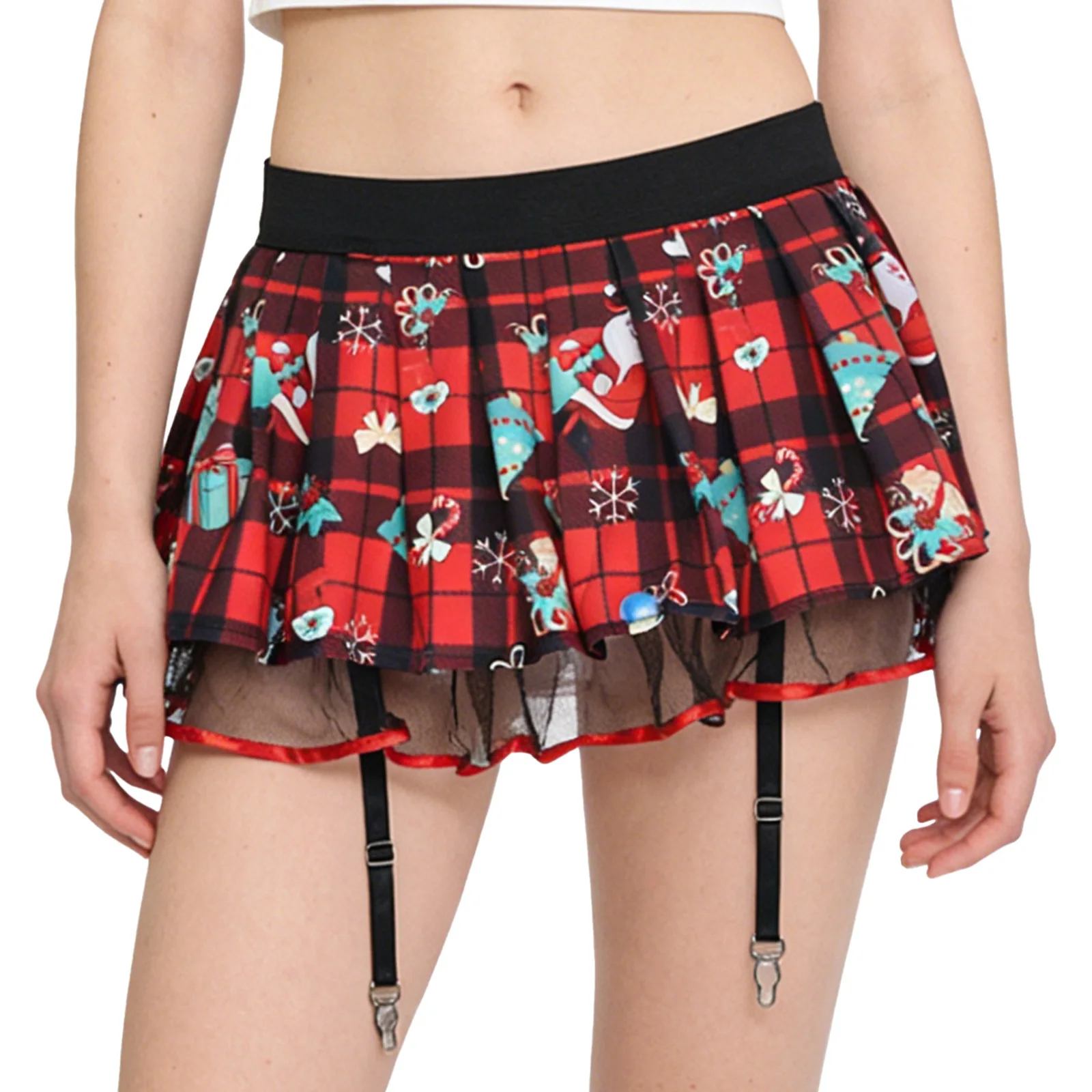 Womens Schoolgirl Role Play Lingerie Mini Skirt with Garters Pleated Plaid Layer Tulle Lining Elastic Waistband Skirts Clubwear