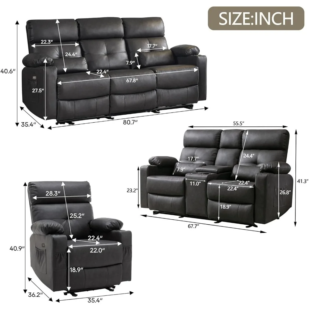 Set Sofa kursi untuk ruang tamu, Set Sofa furnitur Recliner 3 buah, Set Sofa malas daya untuk ruang tamu, Set furnitur