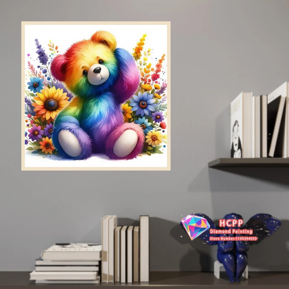 Bear Sunflower Flower 5D Handmade Diamond Painting Set, featuring square and round diamonds, handcrafted, suitable as home gift