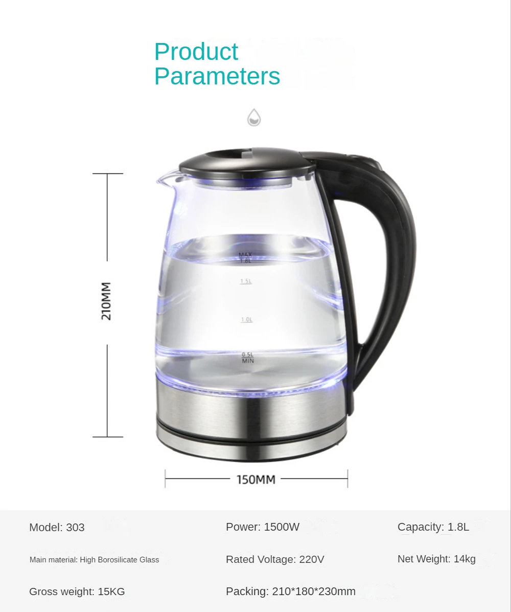 Glass Electrothermal Cup 1.8L Kettle Home Use Making Tea 1500W with Boil-Dry Protection Fast Boiling Portable Instant Heater