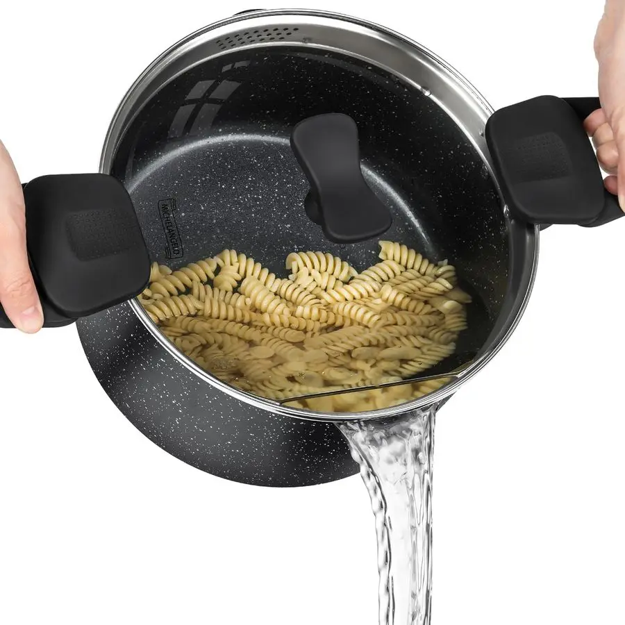 

Pasta Pot with Strainer Lid, 6 Quart Cooking Pot with Twist and Lock Handles, Soup Pot with Nonstick Granite Coating, Spaghetti