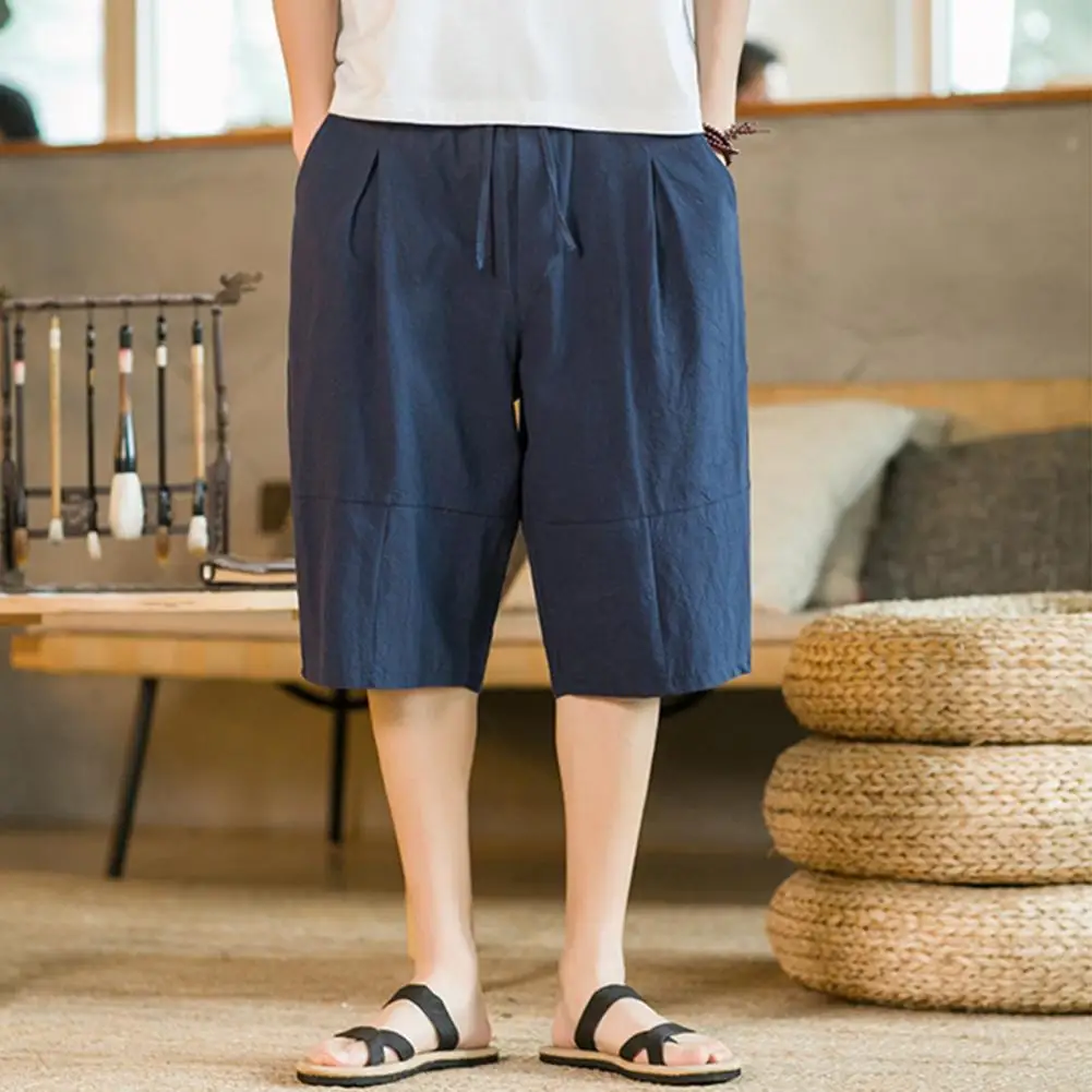 Cropped Pants Breathable Loose-fitting Washable Solid Color with Pocket Protective Men Summer Beach Shorts Cropped Pants