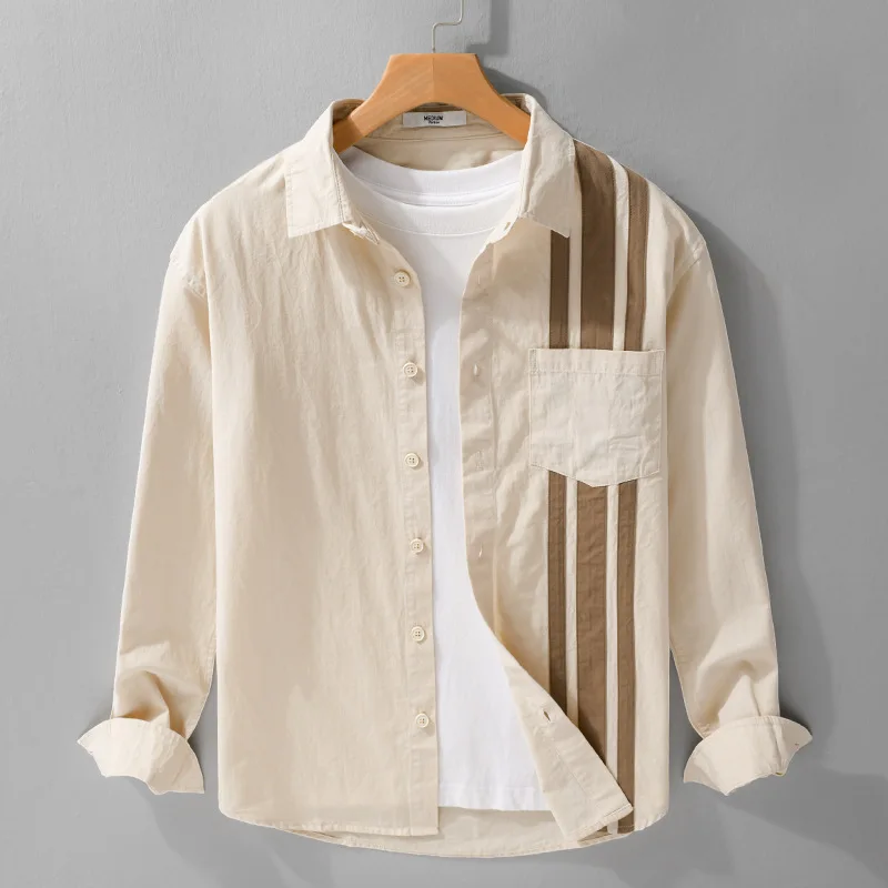 2025 Spring and Autumn Men's Splicing Long Sleeve Shirt Trendy Casual Versatile Loose Comfortable Trendy Easy to Match Shirt