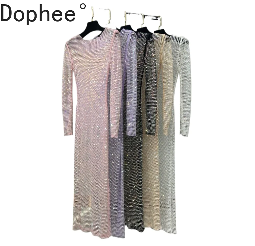 

Blingbling Rhinestone Hot Drilling O-neck Long Sleeve Dress Sexy Hollow Out Shiny Slim Formal Dress Sexy Lady Ultra Long Dress