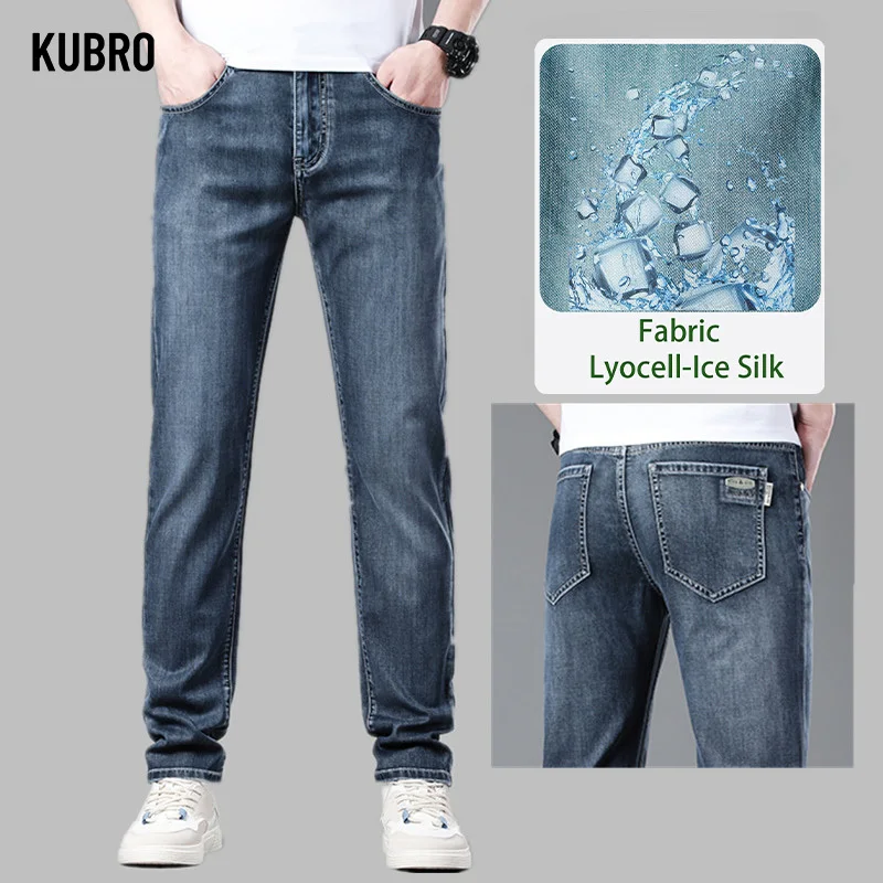 KUBRO-calça jeans fina de seda fria lyocell masculina, cintura alta, reta, jeans stretch, tamanho grande 28-40, moda americana, verão