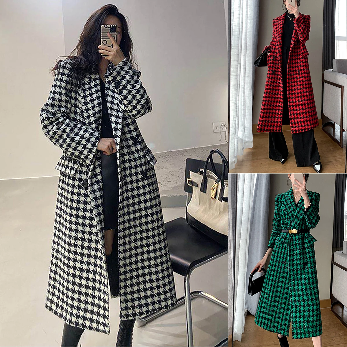 Luxury Winter Autumn Women Long Coat Peak Lapel Houndstooth Overcoat Lady Blazer With Belt Slim Fit Warm Jacket Skirt