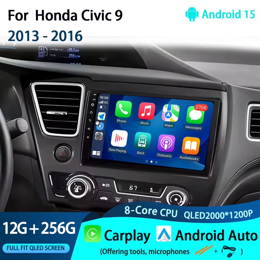 

Android 15 Carplay Auto DSP Car Radio For Honda Civic 9 2013 2014 2015 2016 Multimedia Video Player Navigation Stereo WIFI GPS