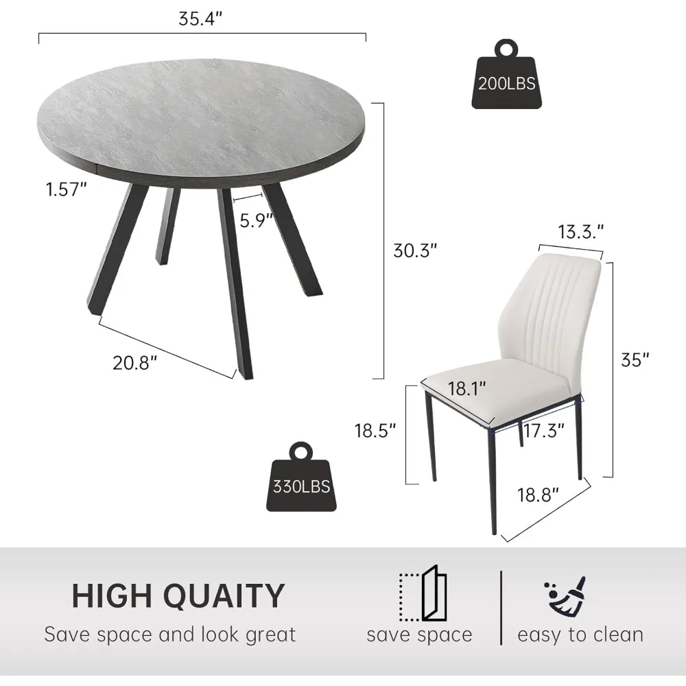 Round Dining Table Set for 4, Modern Casual Coffee Table , Apartment, Space Saving (Dining Table + 4 White Chairs)