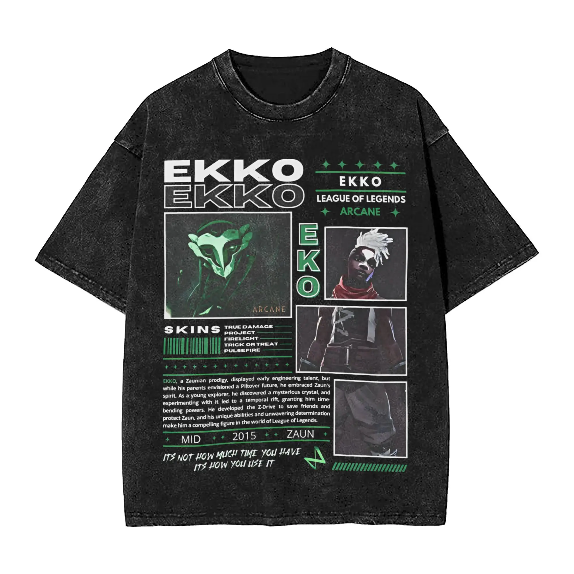 Arcane Ekko Arcane T Shirt Hip Hop Washed Short Sleeve Street T-Shirt  Retro for Men Women Streetwear Printed Tee Shirt