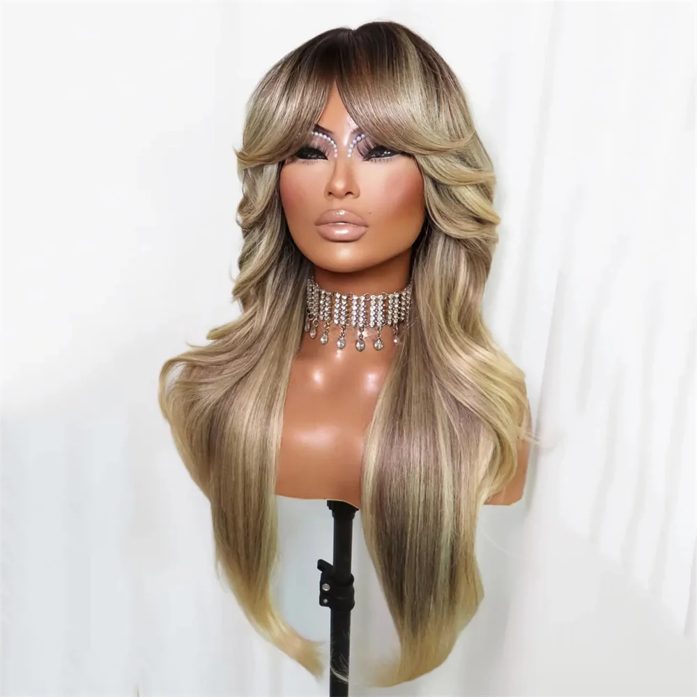 Long Curtain Bang Sexy Bouncy Lace Part Wig Hair Layered Glueless Daily Wear Blonde Ash Dark Root Balayage Ombre Synthetic Fibre