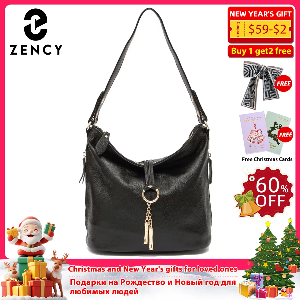 

Zency Elegant Black Women Shoulder Bag 100% Genuine Leather Hobo Handbag Lady Messenger Bag Charm Lock Decoration Shopping Bag