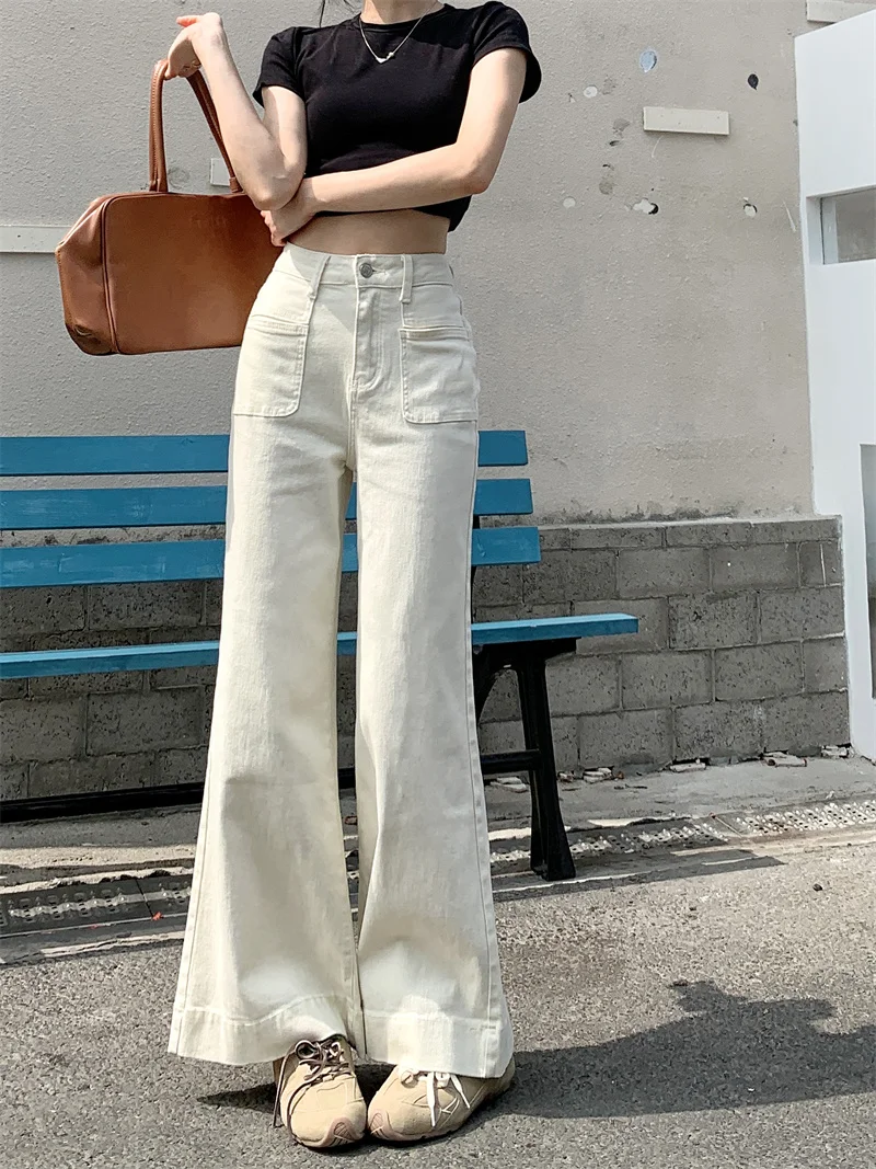 Women's Summer Off White Washed Denim Flare Floor Length Pants American Vintage High Waist Big Pocket Drape Tall Look Hot Girl Denim Pants