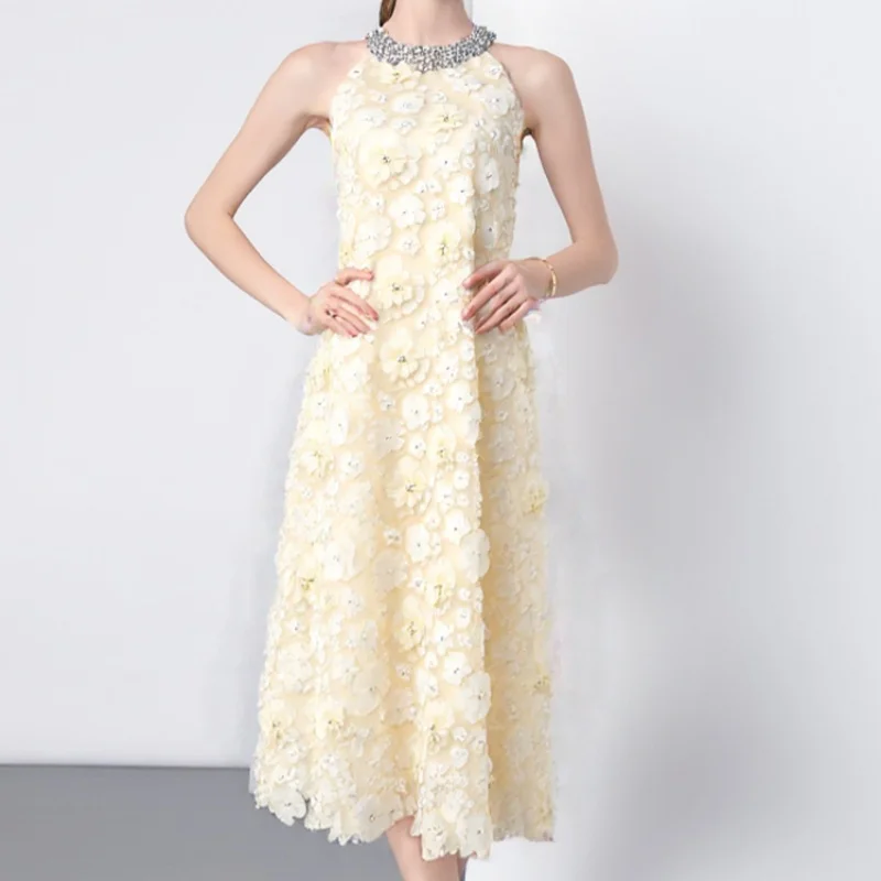 

Spring And Summer New Embroidery Sleeveless Halter Neck Diamond Women's Office Lady Dress Fashion Mesh High Waist Vestidos