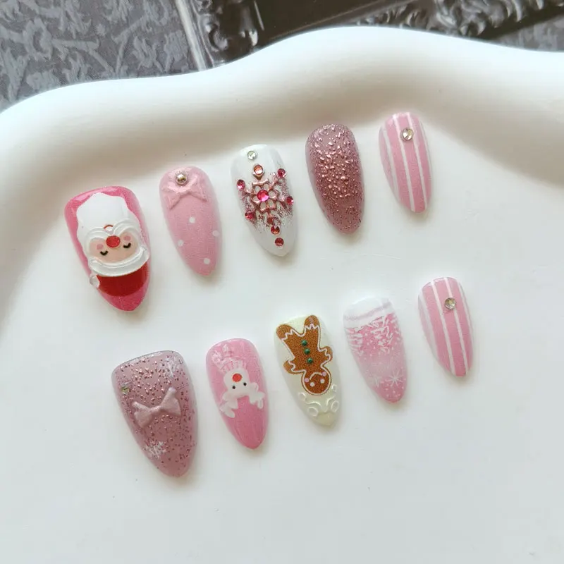 10Pcs Pink and Blue Gilded Snowflakes Cute 3D Santa Claus Christmas Atmosphere Press on Nails Nail Art False Nails Patches