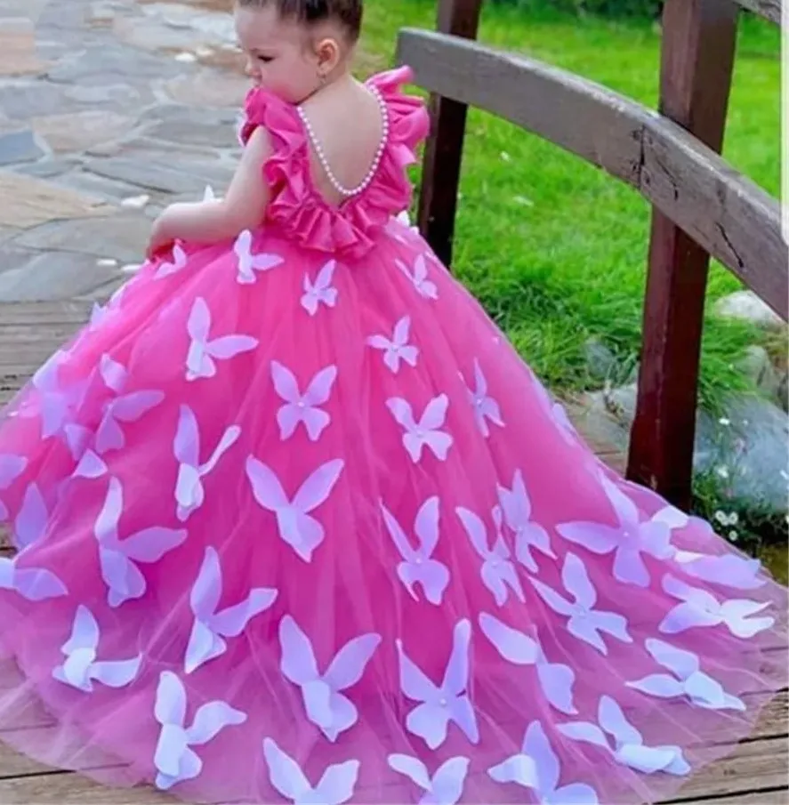 Vestido de menina flor rosa apliques sem mangas para vestidos de casamento decoração de borboleta princesa crianças vestidos de noite de aniversário