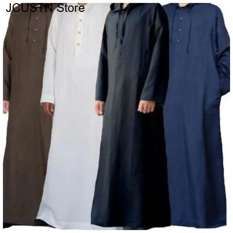 Men Cotton Muslim Robe Saudi Arabia Juba Islamic Kafatan Hooded Loose Robe Shirt Button Pocket Robe Arabic Cloth Bigsize 3Xl 4Xl