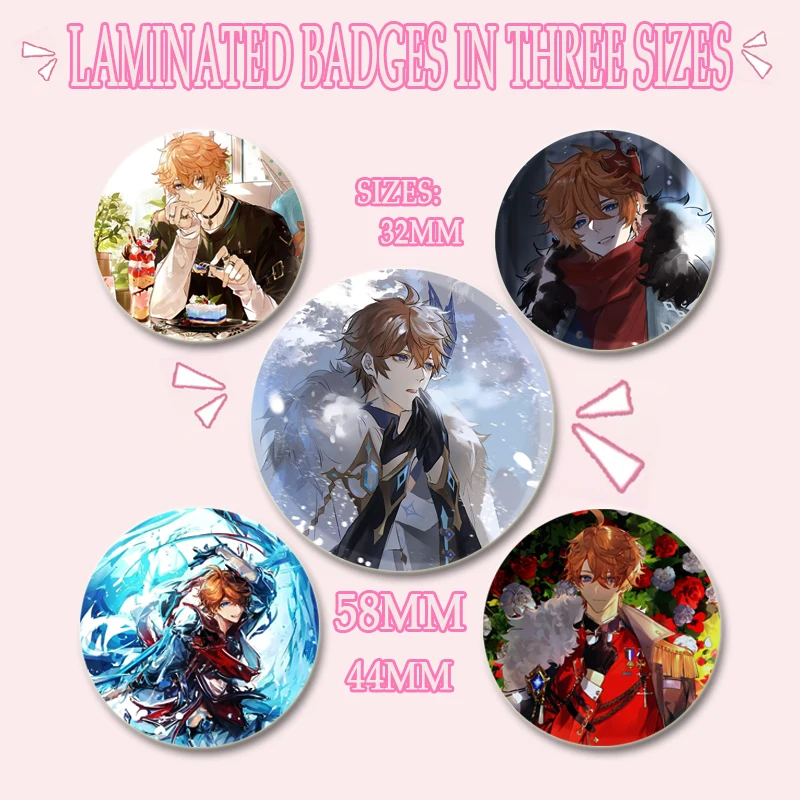 Insignia de impacto Genshin de 32/44/58mm, broches de personajes del juego Tartaglia, alfileres esmaltados bonitos para Cosplay de dibujos animados para mochila, joyería y ropa