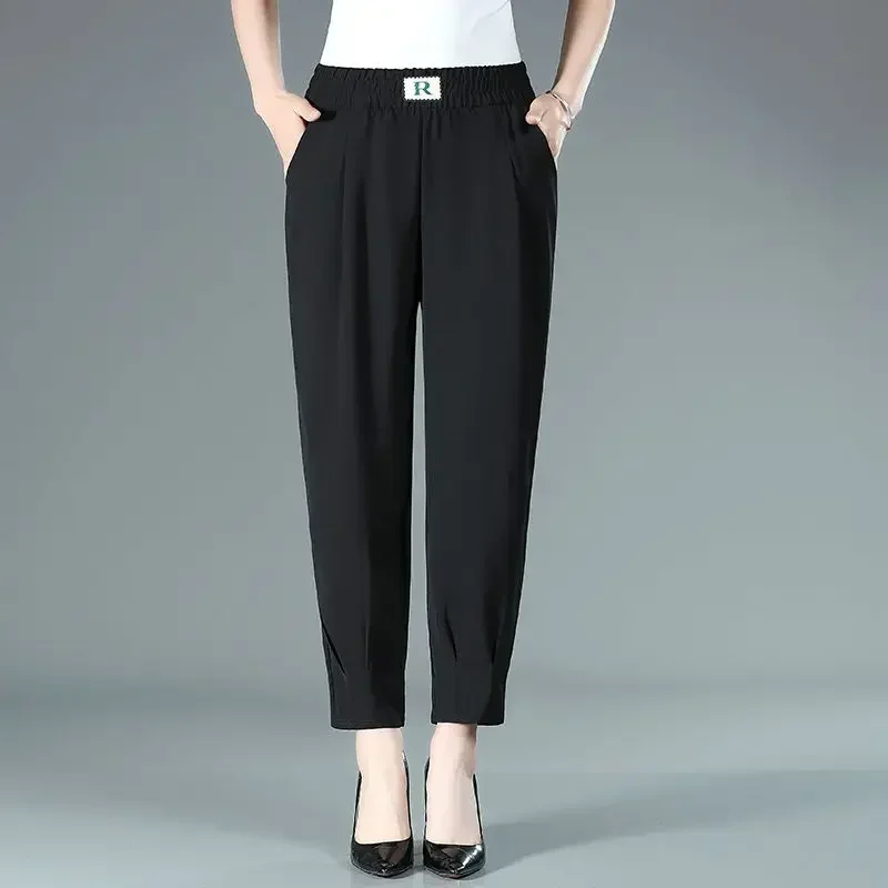 

Summer Loose Slim Ninth Pants Solid Color Elastic Waist Versatile Trousers Simplicity Fashion Casual Women Clothing Z195