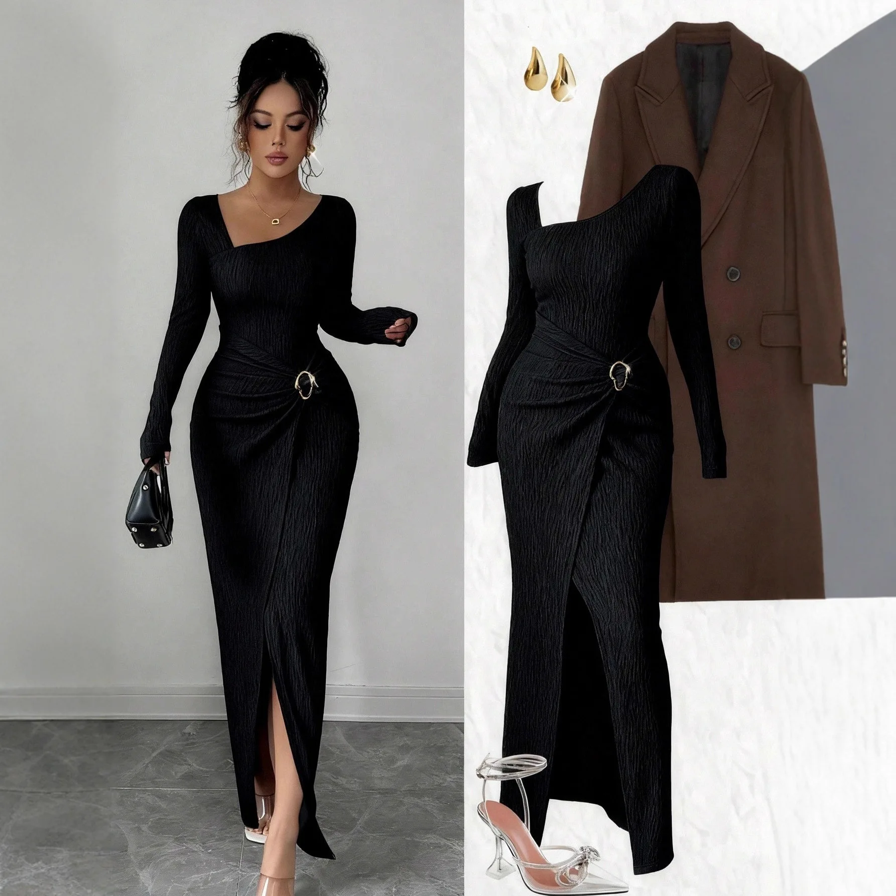 

Spring New Faion Chiffon Color Slim Fit Long Sve Wrap around Split Base Dr Ele Soft Comfortable All Seasons Dr