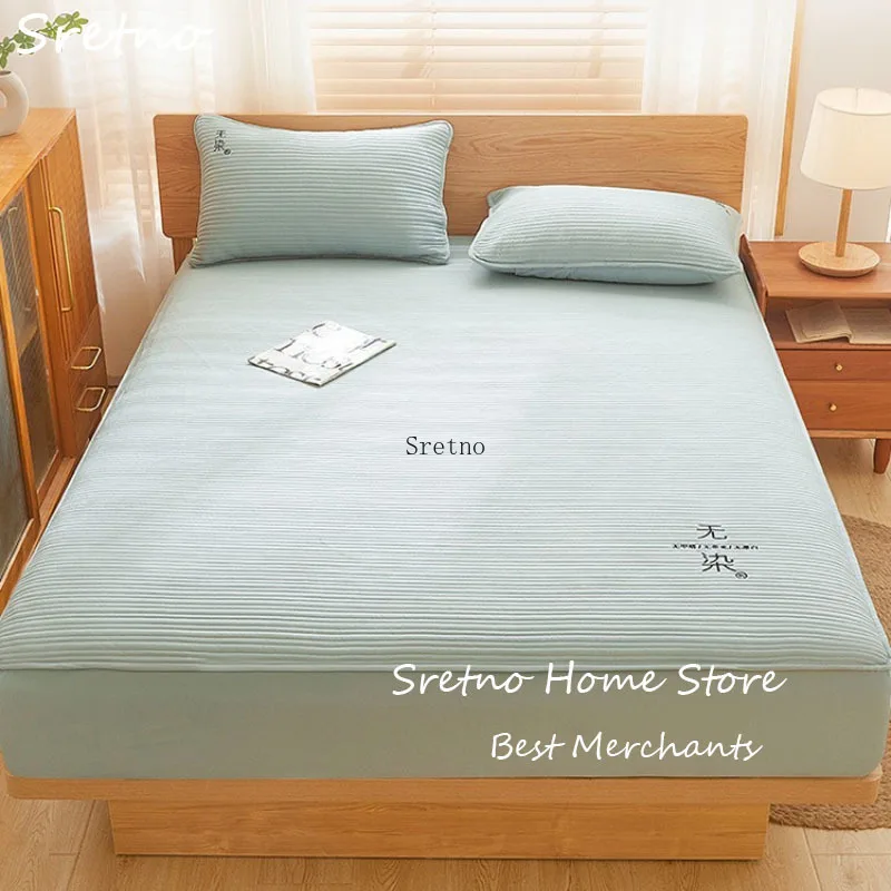 SRETNO Pure Cotton Fitted Sheet Thicked Mattress Protector Covers 30cm High with 2 Pillowcases Bed Cover Queen Size Mattress Pad