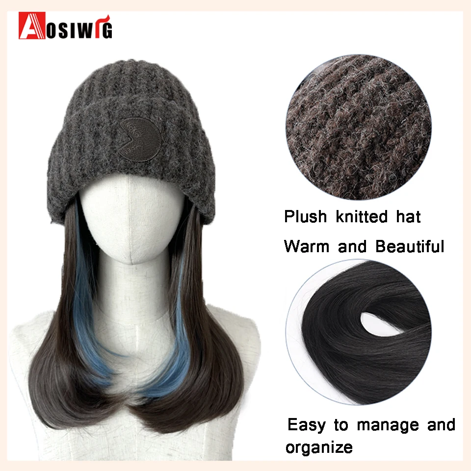 Off White  Hat Wig Beanies Hat With Hair Wigs For Women Synthetic Short Straight Hair Warm Ski Plush Knitted Autumn Winter Cap W