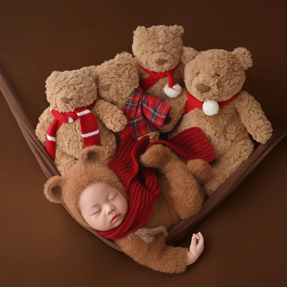 Professional Baby Photography Props Furry Bear Costume with Red Scarf Teddy Bears Doll Cute Winter Bear Theme Studio Photo Props