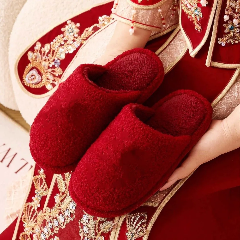 Casual Soft New Year Slippers Thickened PVC Red Cotton Slippers Solid Color Plush Home Cotton Shoes Couple