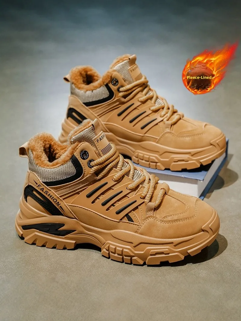 

Men's High-Top Fleece Lined Thick Bottom Winter Boots Warm Cotton Shoes Sporty Casual Anti-Slip Trendy Dad Sneakers