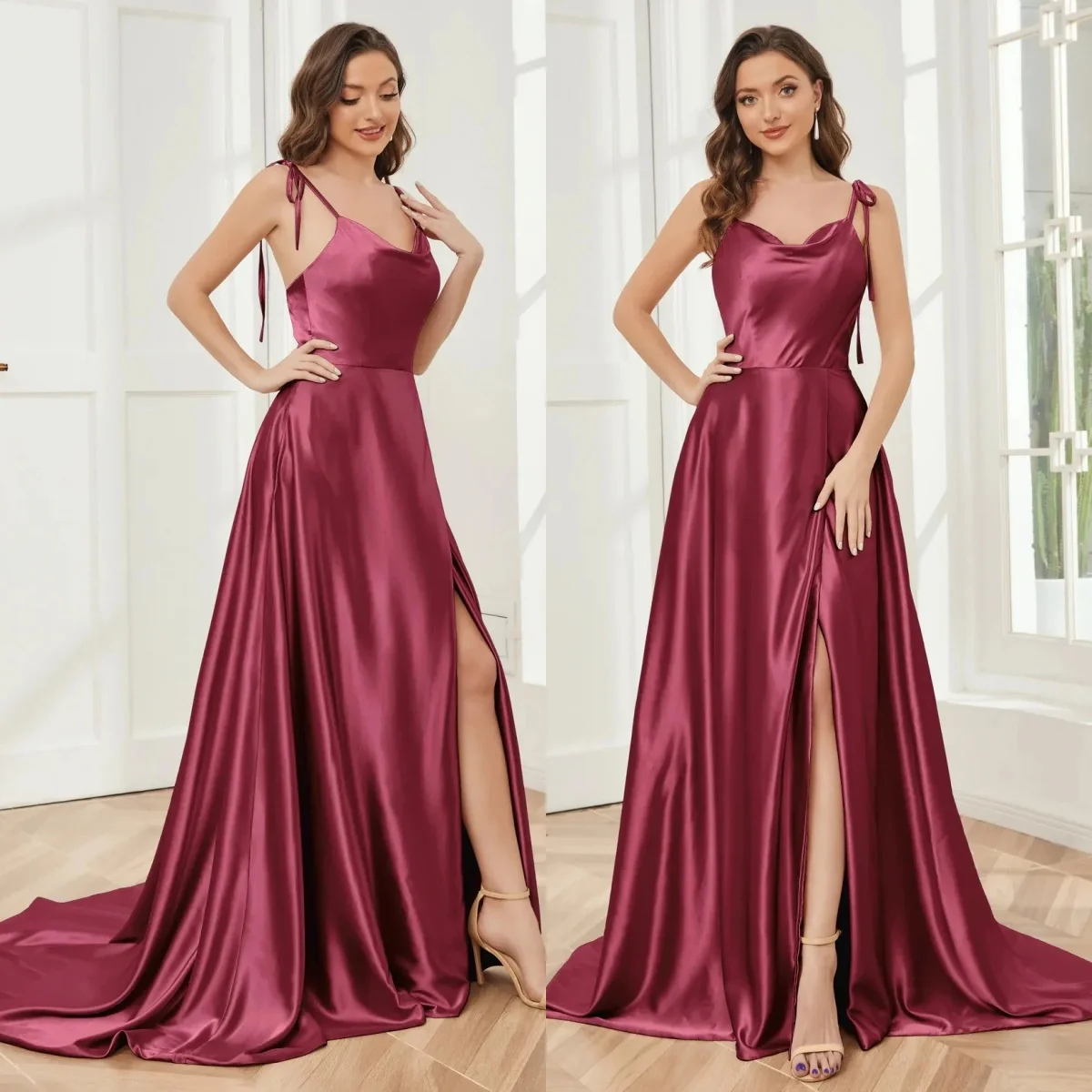 Cowl Neck Prom Dress Adjusted Spaghetti A-line Elegant Bridesmaid Dress Silky-satin Silhouette Birthday Wedding Party Dress