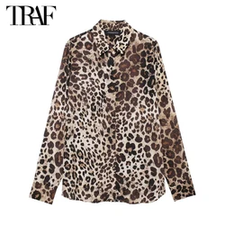 TRAF Animal Print Shirts for Women Collar Button up Shirt Woman Long Sleeve Shirts and Blouses Women Summer Beach Women's Shirts