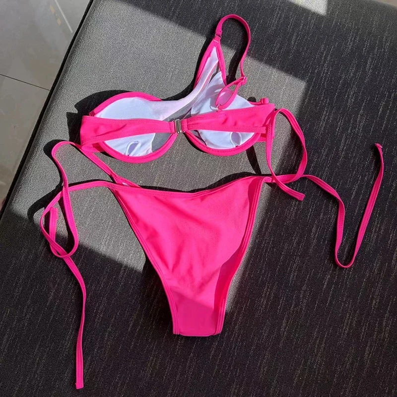 Bikini Set Women One Shoulder Bathing Suit Patchwork See Through Mesh Side Lace Up Swimwear Female Sexy Two Piece Micro Bikini