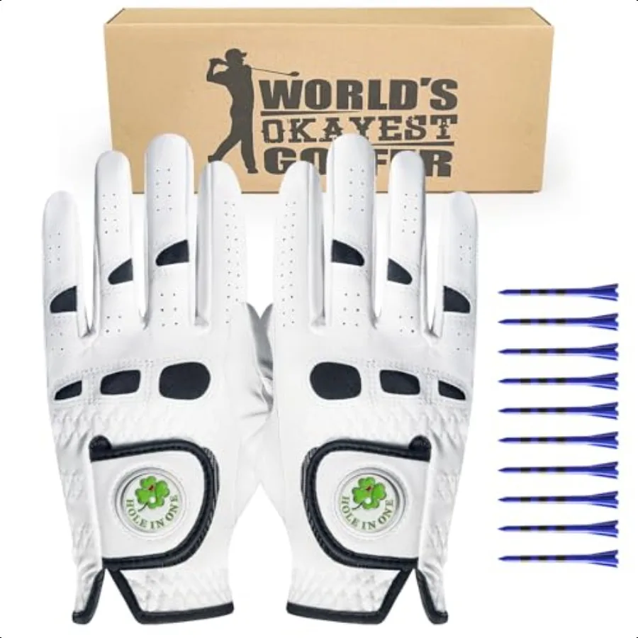 

Golf Gloves Men Leather Value 1 Pair with 2 Ball Marker 10 Golf Plastic Tees Men's Golf Gloves All Weather Grip Soft Comfortabl