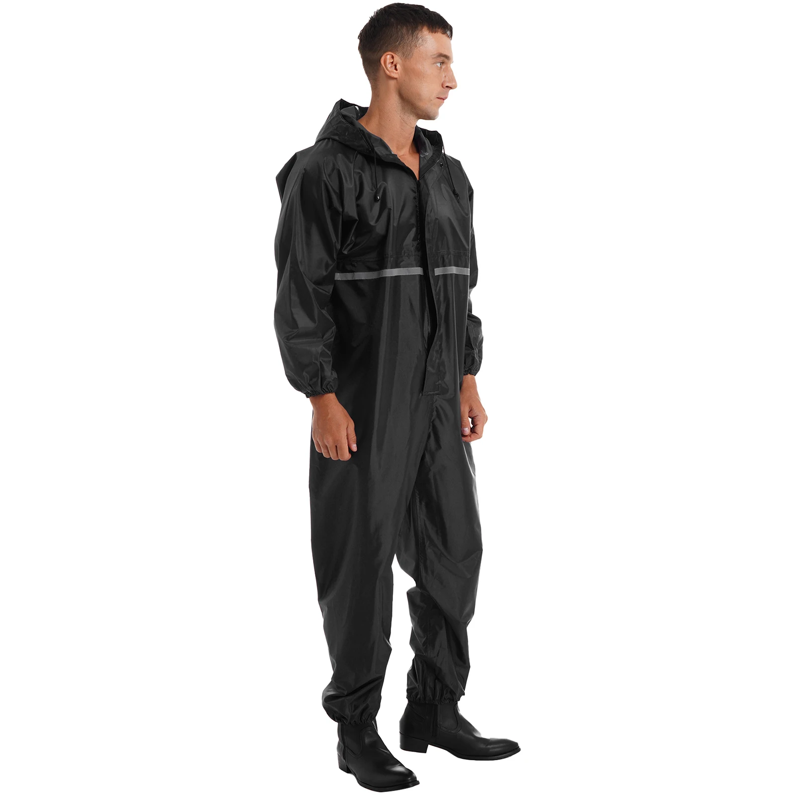 Men Women Waterproof Hooded Raincoat Long Sleeve Zipper Reflective Strip Jumpsuit Rainy Day Outdoor Activities Rain Jacket