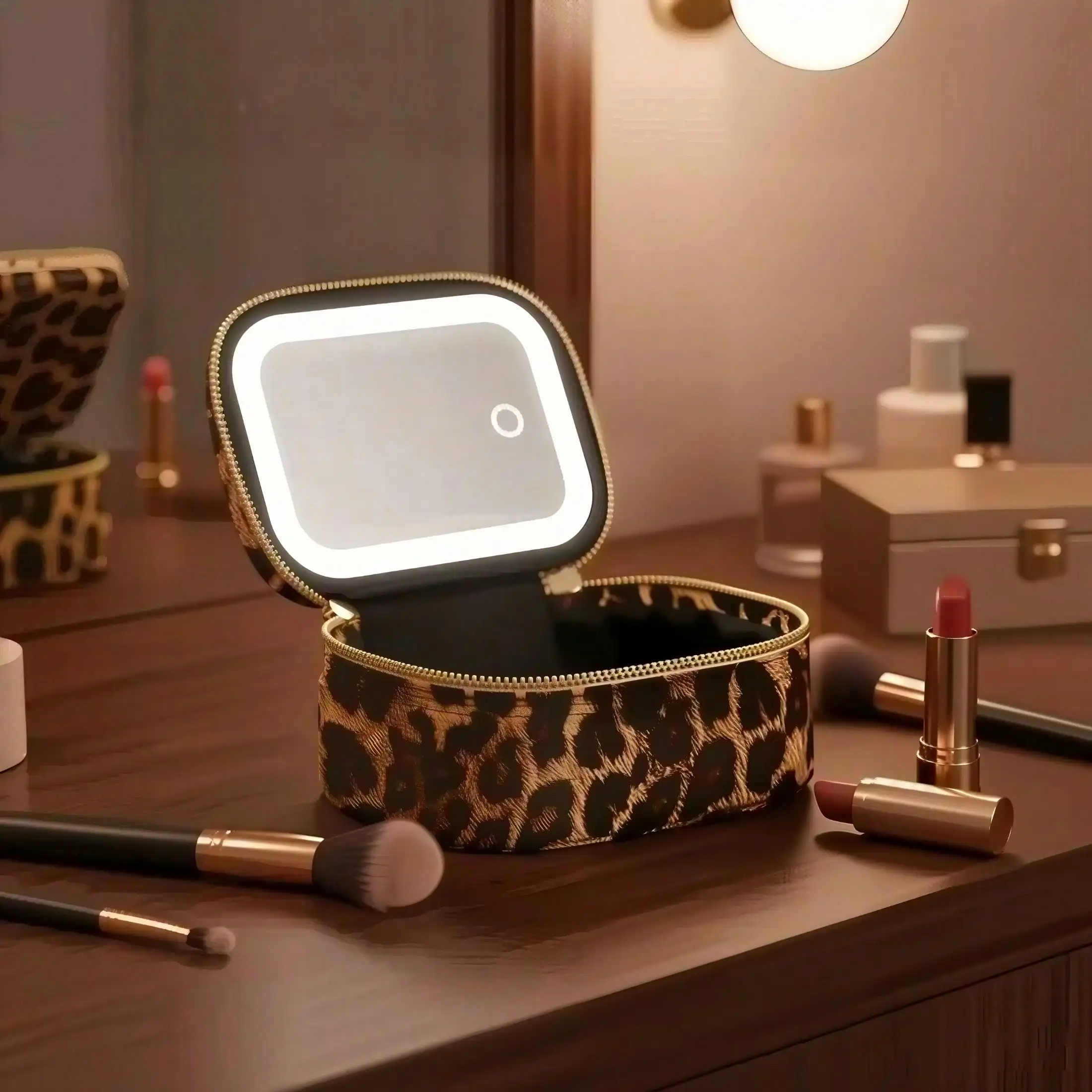 Mini Makeup Bag With LED Mirror: A Small Travel Makeup Bag With 3 Adjustable Light Modes, Convenient For Women To Carry. Made Of Synthetic Artificial Leather, It Is Suitable For Pool Parties And Touch-Ups In The Workplace