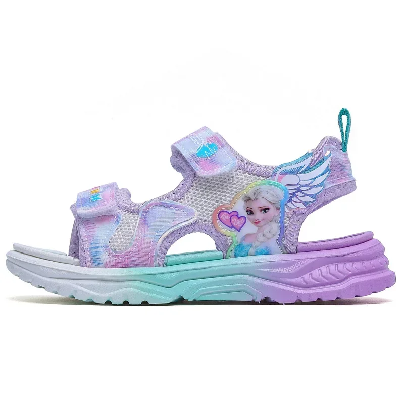 Disney children's shoes summer new elsa girls mesh beach sandals led light fashion ins frozen princess soft bottom light sandals