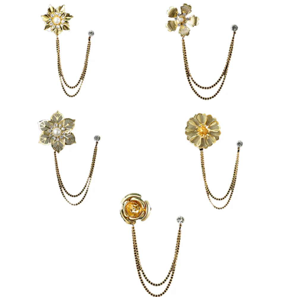 Gentleman Gold Floral Chain Brooch Pearl Rhinestone Flower Pin Chest Flower Outfit Finishing Touch Item Suit Accessory