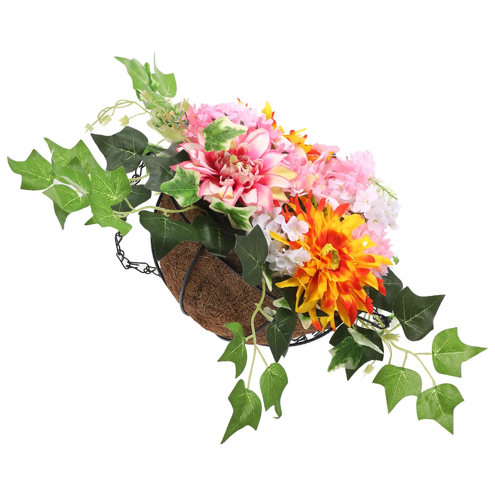 

Artificial Flower in Coconut Lining Hanging Basket Decor Lifelike Exquisite Wall Home Office Cafe Bookstore Garden Decoration