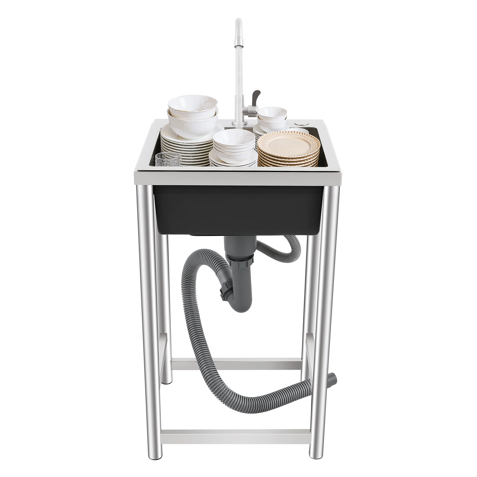 Freestanding Single Bowl Stainless Steel Utility Sink with Rotatable Faucet, 454022cm Brushed Steel 50kg Frame Load Anti-condensation Coating Washing Accessories, 360° Swivel Tap Silent Bottom Pad Anti-block Drainage Pipe