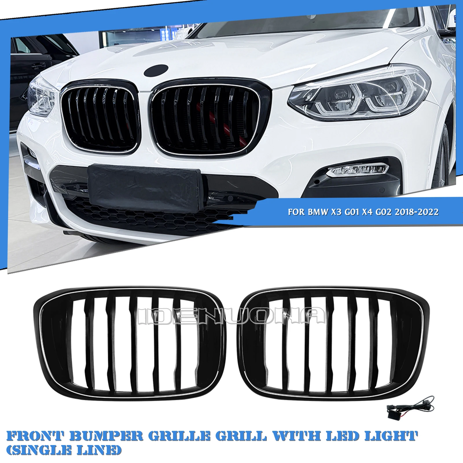 

Car Front Kidney Grill Grille Bumper Hood Mesh Grid with Light For BMW X3 G01 2018-2021 X4 G02 2019-2021
