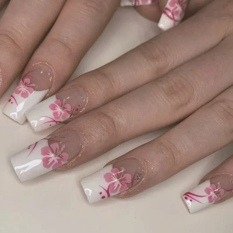 24pcs Medium Length Press Ons Nails White French Sweet Pink Flower Design Self-adhesive Nail Tips Artificial Cheap false Nails