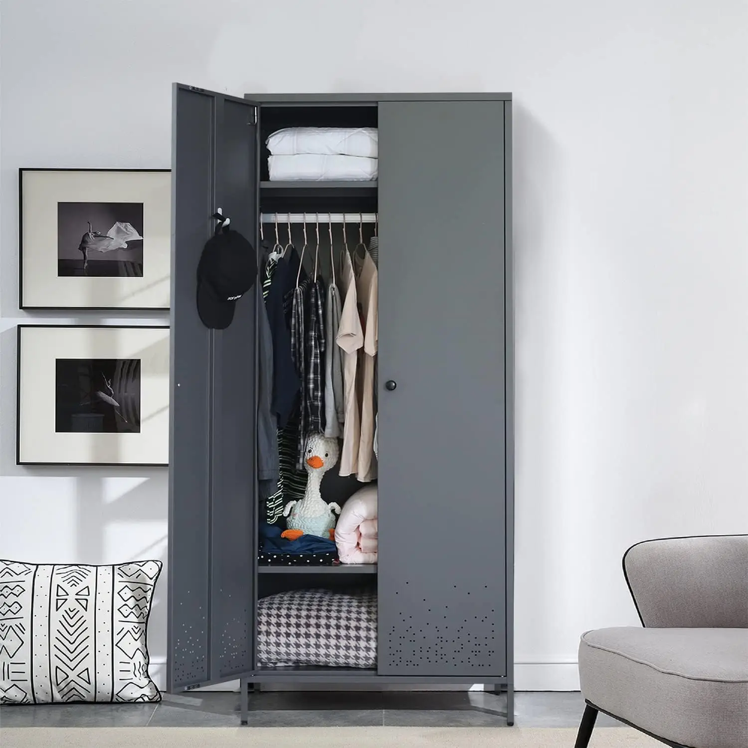 Metal Storage Cabinet with Hanging Rod, Wardrobe Armoire Closet for Bedroom, Laundry Room image 2