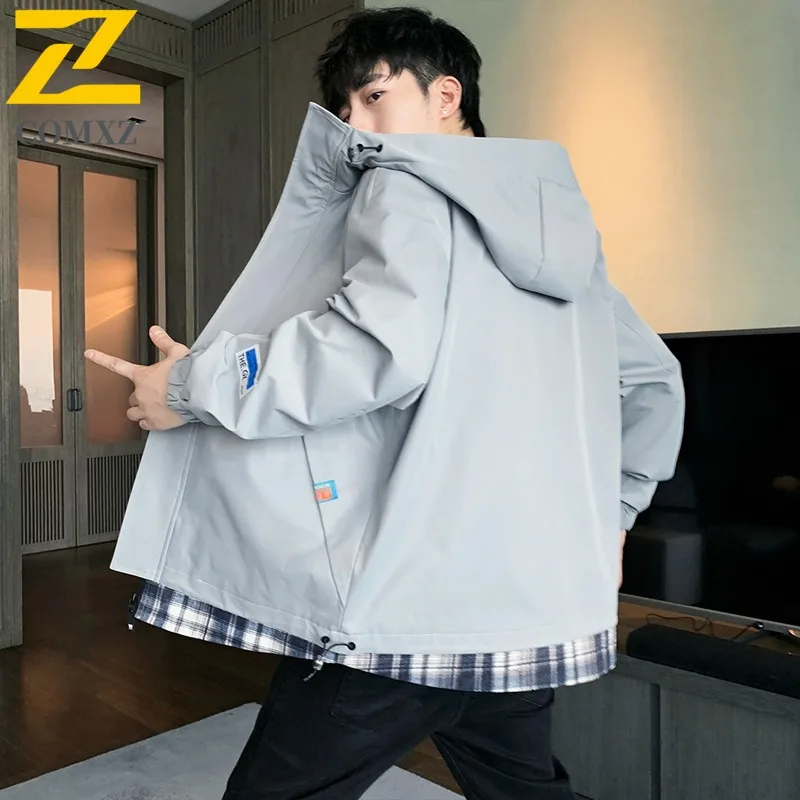 COMXZ Men Hooded Jacket 2025 Grid Splicing Outdoor Windproof Adventure Hiking Camping Hunting Jackets Autumn Adventure Outerwear