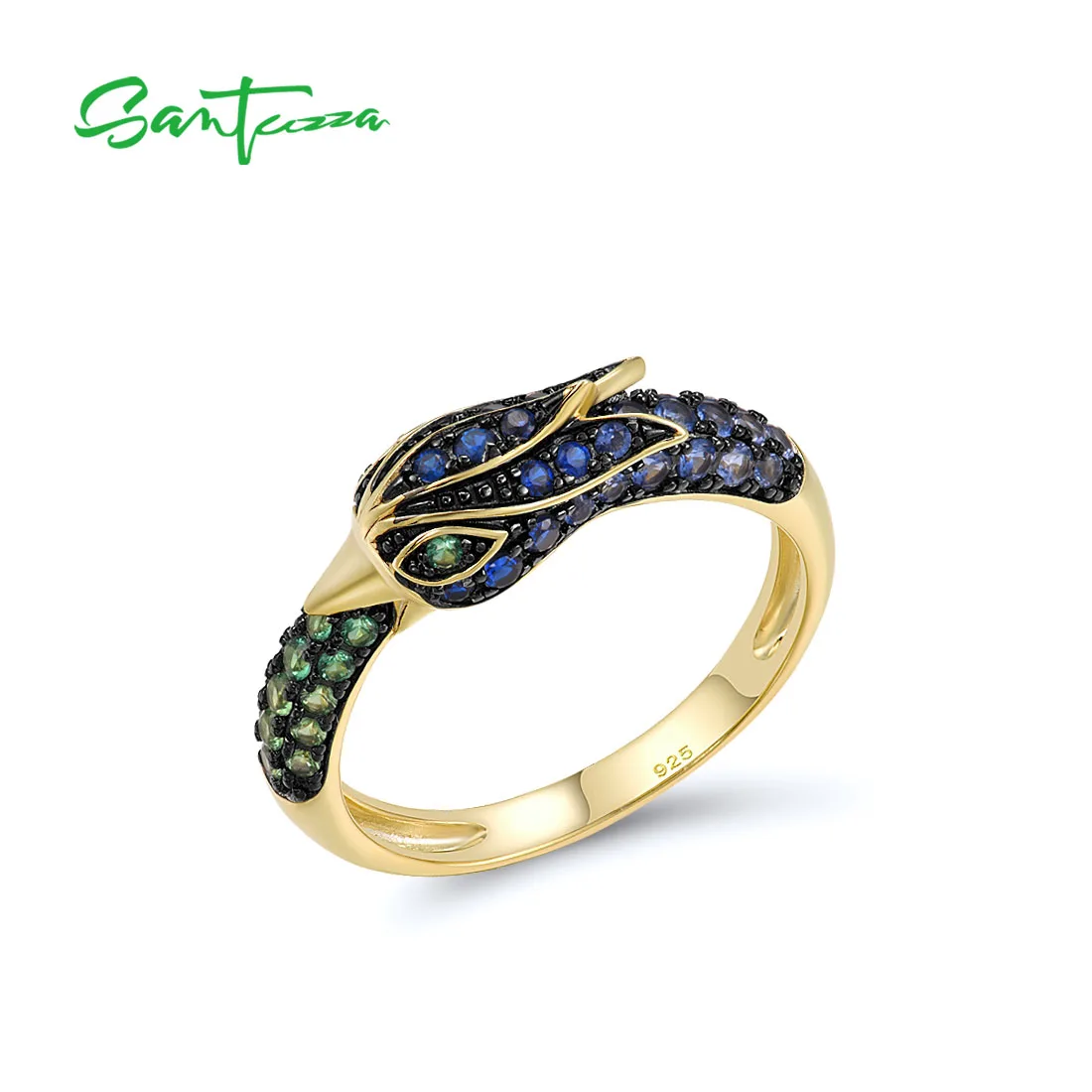 

SANTUZZA Pure 925 Sterling Silver Rings For Women Sparkling Blue Green Stones Phoenix Ring Delicate Animal Fashion Fine Jewelry