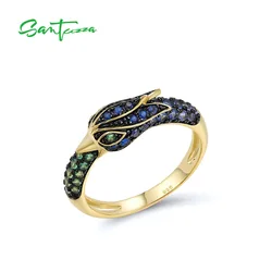 SANTUZZA Pure 925 Sterling Silver Rings For Women Sparkling Blue Green Stones Phoenix Ring Delicate Animal Fashion Fine Jewelry