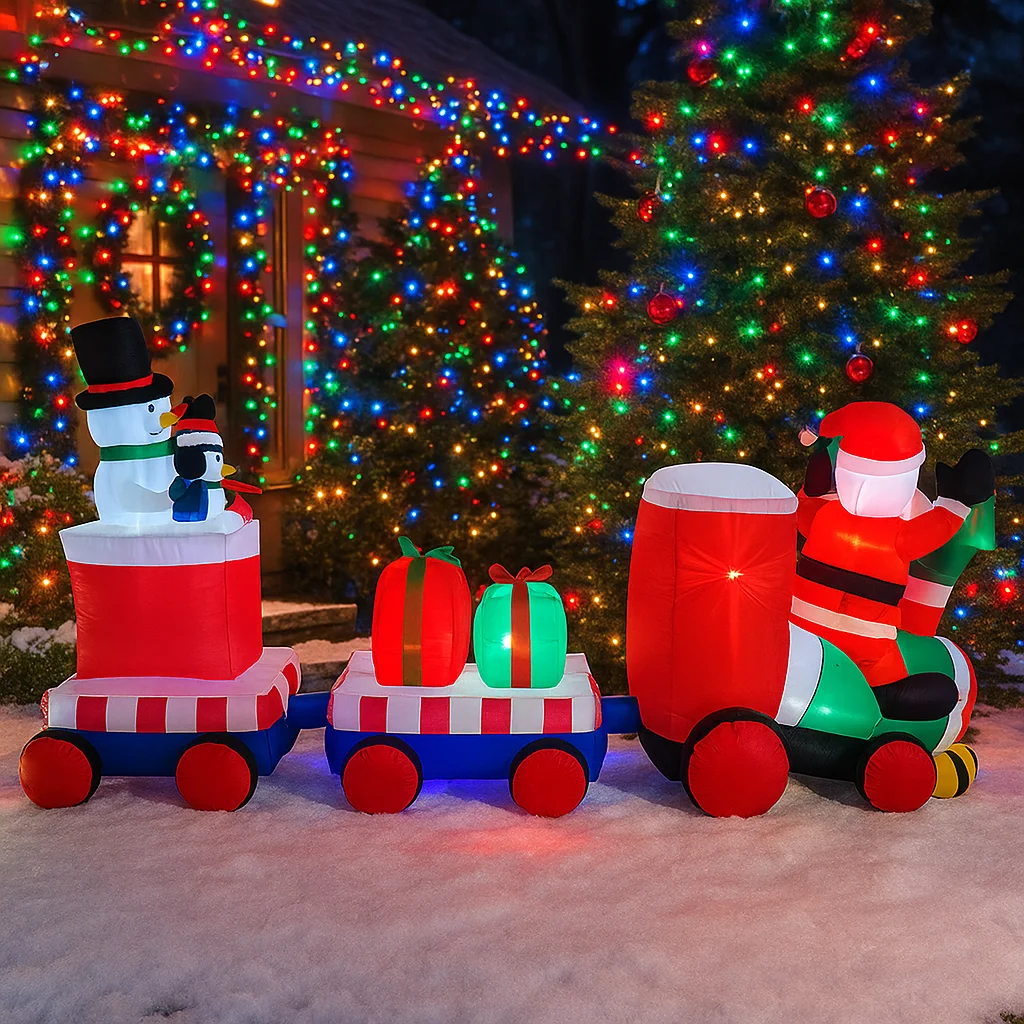 2.4M/7.8FT Inflatable Santa Train Snowman with Gifts Light LED Home Decor Toy Yard Xmas Holiday Decor Supplies Outdoor Lawn Yard