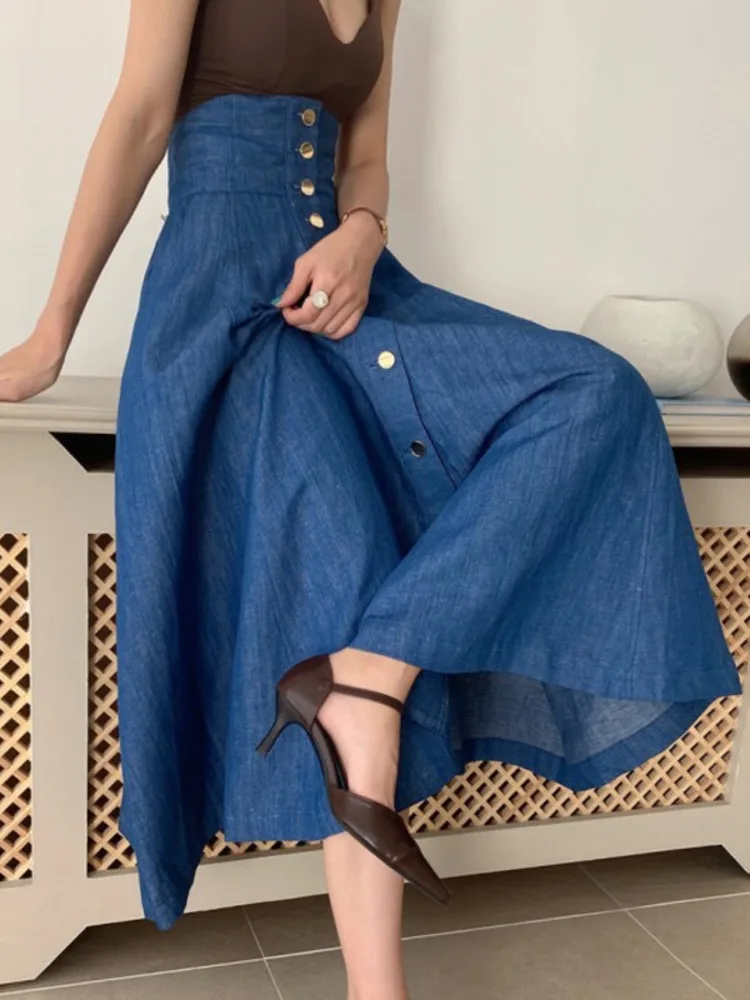 [EWQ] Blue Casual Denim High Waist Single Breasted Long Half-body Skirt Women New summer 2025 all-match denim bottom clothing