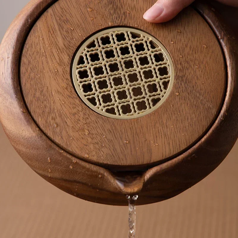 Walnut Wood Water Storage Pot with Tea Tray and Chinese Flower Windows Thickened Pot Wall  Durable Round Tea Plate and Pot Mat