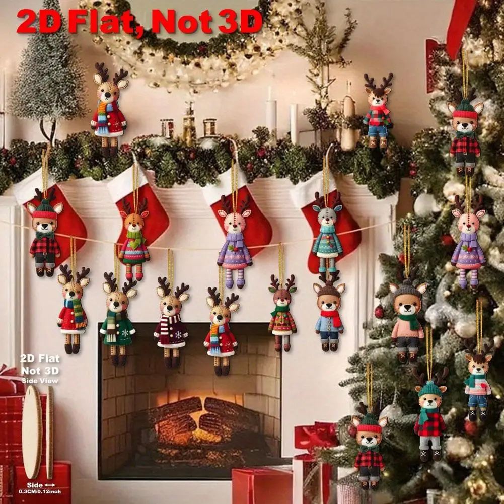 16/32 قطعة 2D الملونة عيد الميلاد الرنة زخرفة خشبية 2025 عيد الميلاد الكرتون حلي معلقة للمنزل 2026 هدية السنة الجديدة