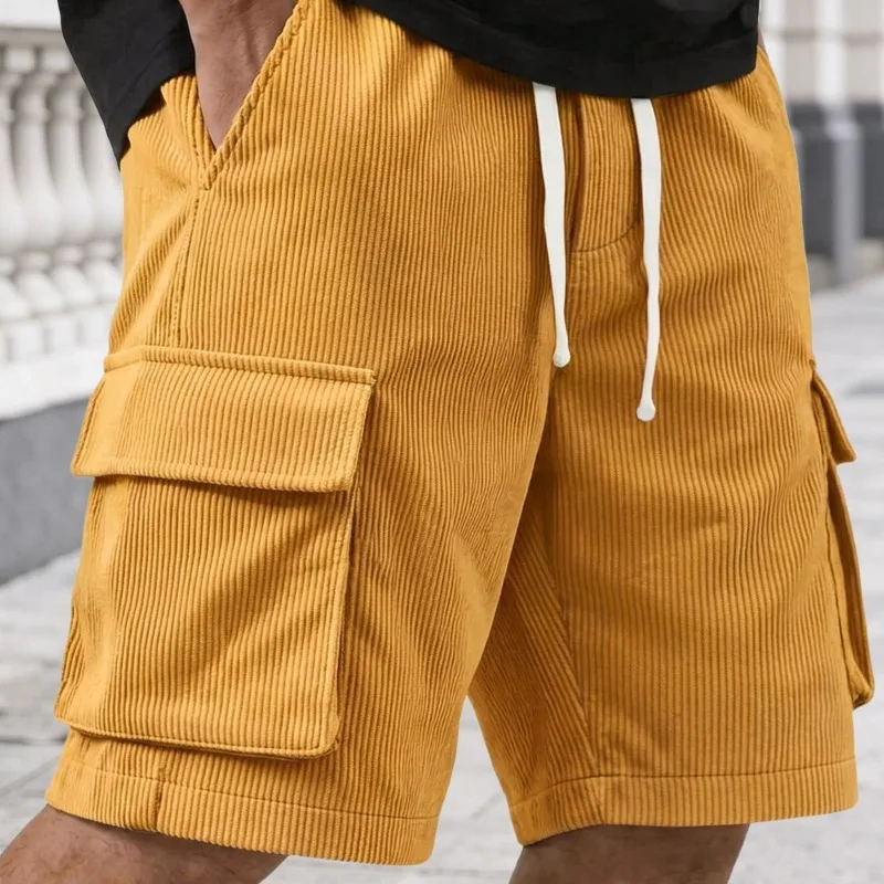 Men Corduroy Cargo Shorts Elastic Drawstring Waist Multi Pocket Casual Sports Five Point Pants S to 3XL
